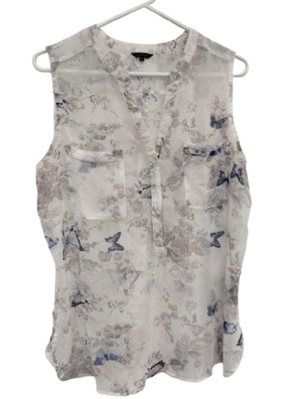 Sleeveless Butterfly & Floral Print Tank Top - White/Blue - Picture 2 of 4